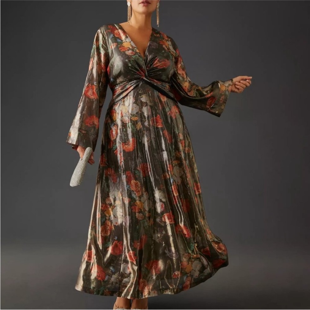 Caballero by Anthropologie plus size deep v neck metallic brown floral dress